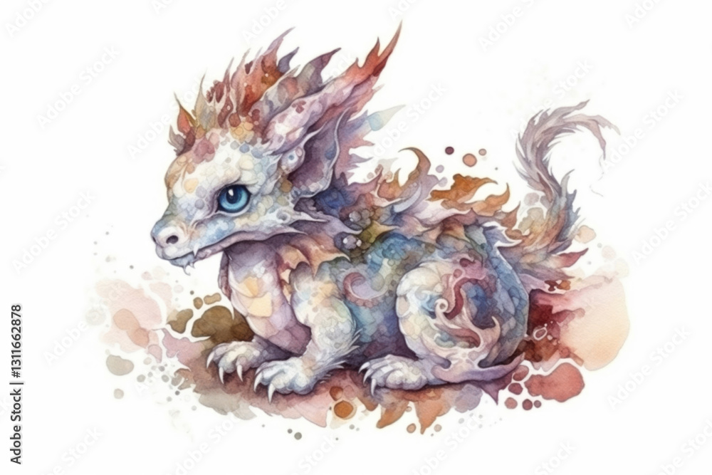 Obraz premium watercolor drawing of an adorable cute dragon isolated on white background., watercolor style, Generative AI