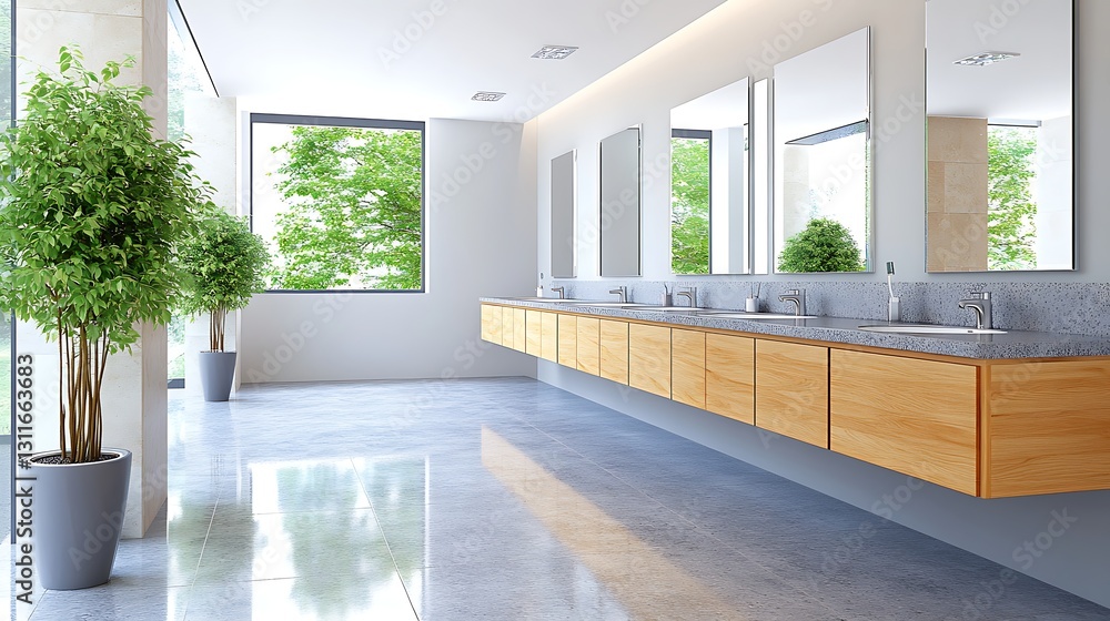 Fototapeta premium Modern minimalist bathroom interior design with light wood vanity granite countertop and large