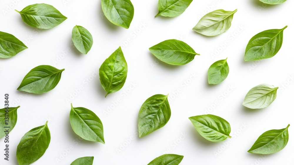 Lush green basil leaves suspended over a light backdrop with twinkling lights Lush green basil leaves suspended over a light backdrop with twinkling lights