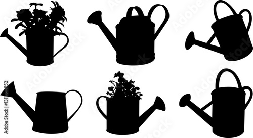 watering cans, watering cans with flowers collection, set silhouette, vector on white background