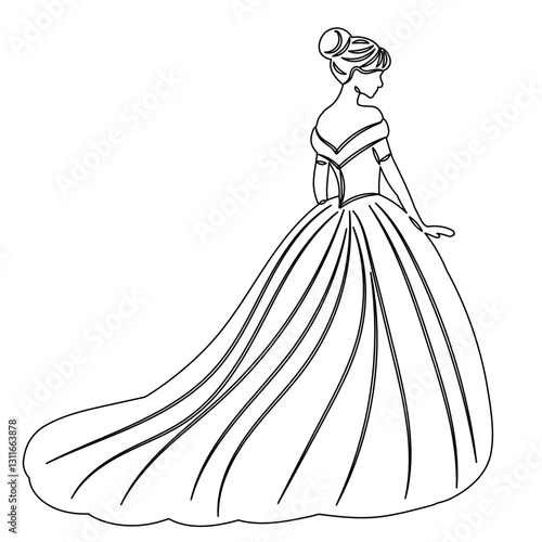 woman in a fluffy dress sketch, outline on a white background