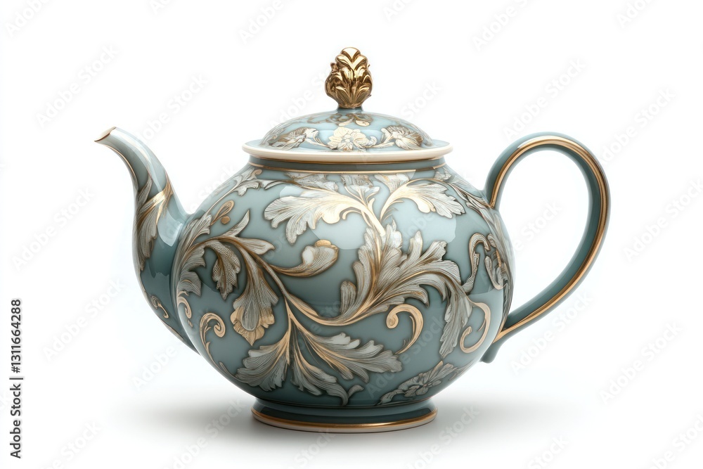 Elegant teal teapot, gold leaf design, white background, tea time Elegant teal teapot, gold leaf design, white background, tea time