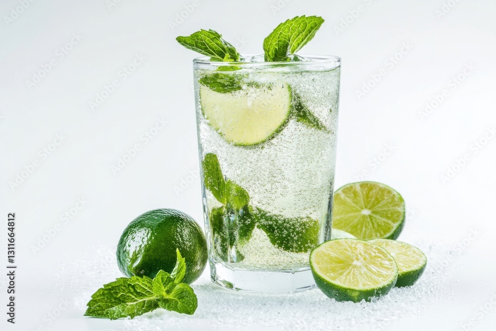 Refreshing sparkling water with lime and mint on a clean white background Refreshing sparkling water with lime and mint on a clean white background