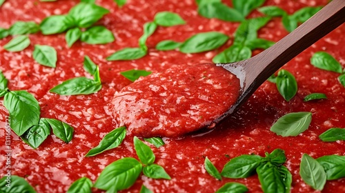 Tomato sauce being stirred with basil background. For cooking websites, blogs, recipe books use