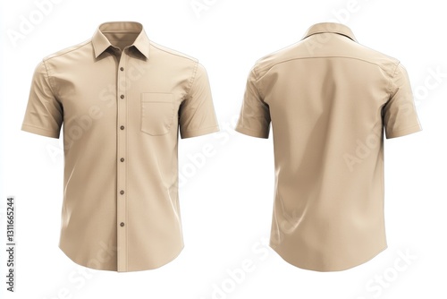 Beige short-sleeved shirt mockup template on a white background, front and back view. Mock-up of a man's business casual dress with a collar for design presentation,