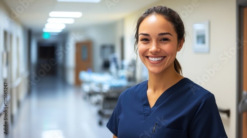 Smiling nurse in navy blue scrubs standing in hospital hallway