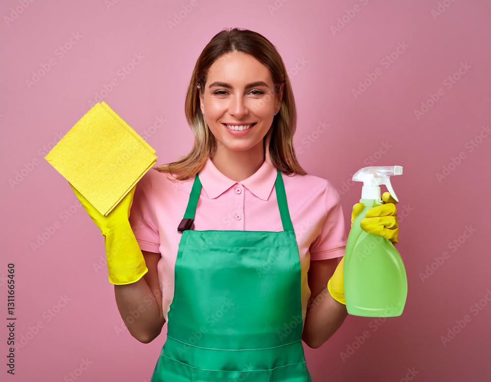 Smiling Cleaning Service Worker with Supplies. Ideal for cleaning service ads, housekeeping blogs, or hygiene product promotions