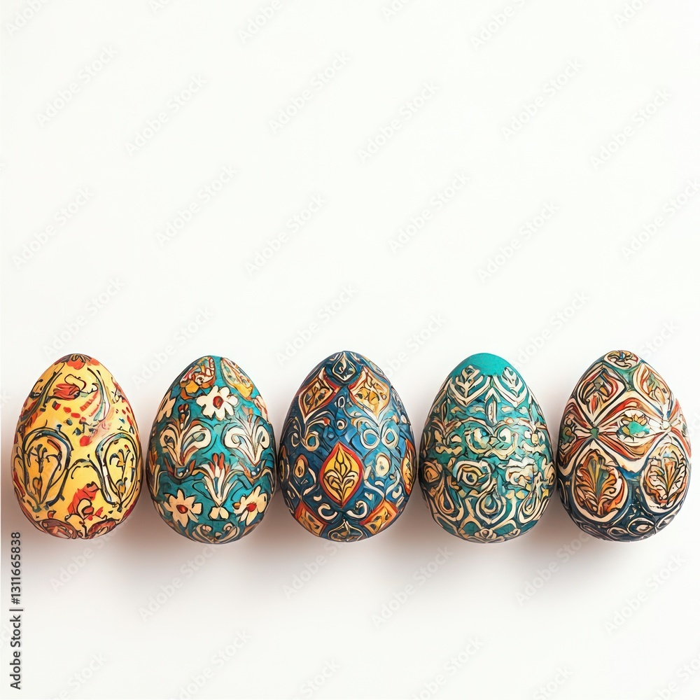 Intricate patterns on colorful Easter eggs isolated against white.