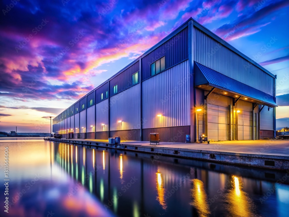 Fototapeta premium Twilight Industrial Landscape: Illuminated Loading Docks at Night