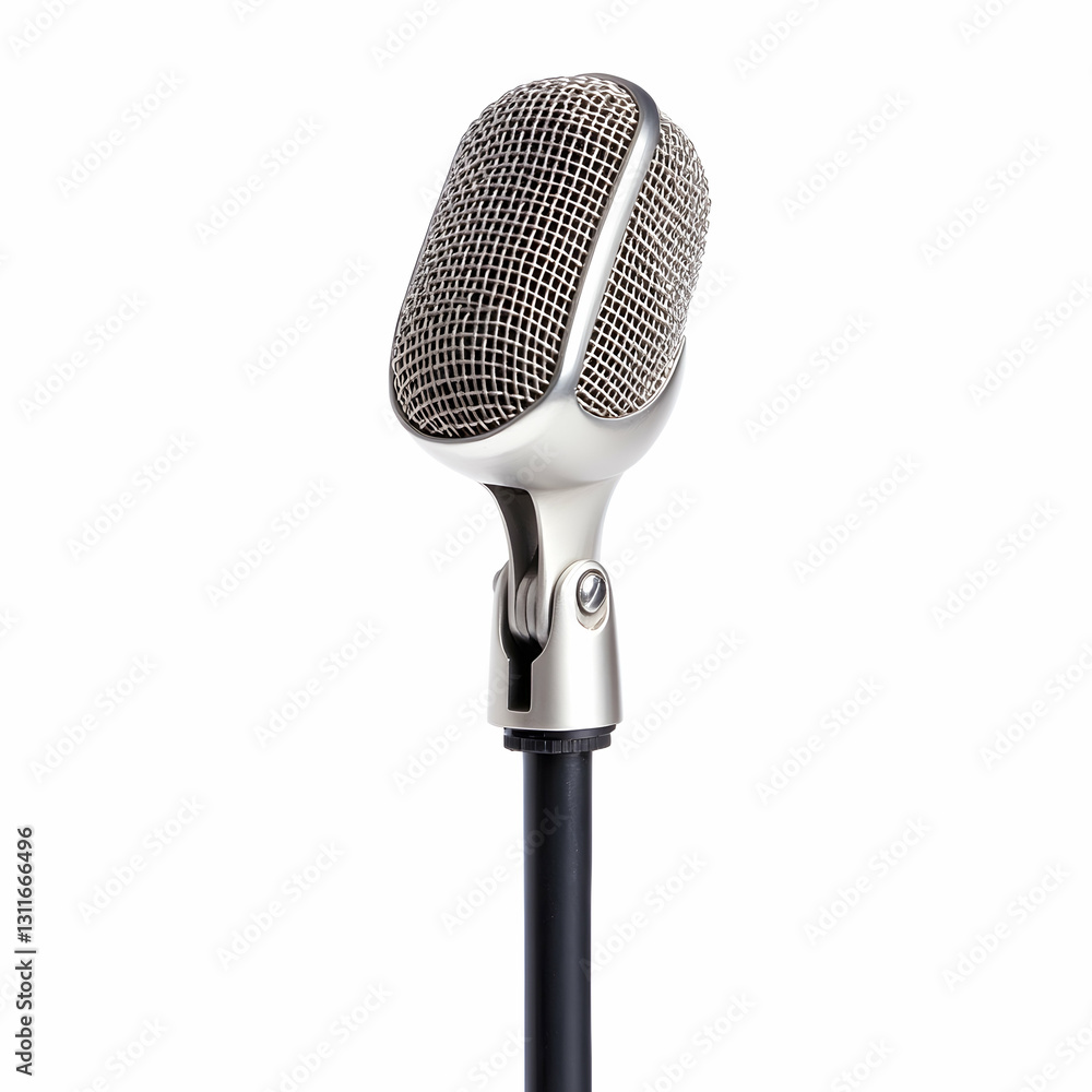 Fototapeta premium Vintage microphone on a black stand with a white background