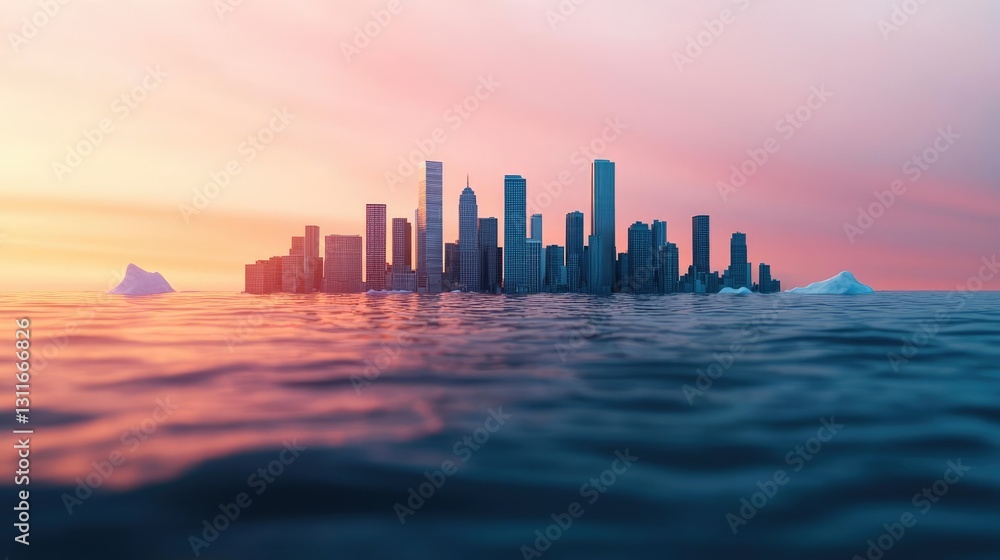 Fototapeta premium Iceberg melting idea. A stunning sunset view of a city skyline reflected in calm waters.