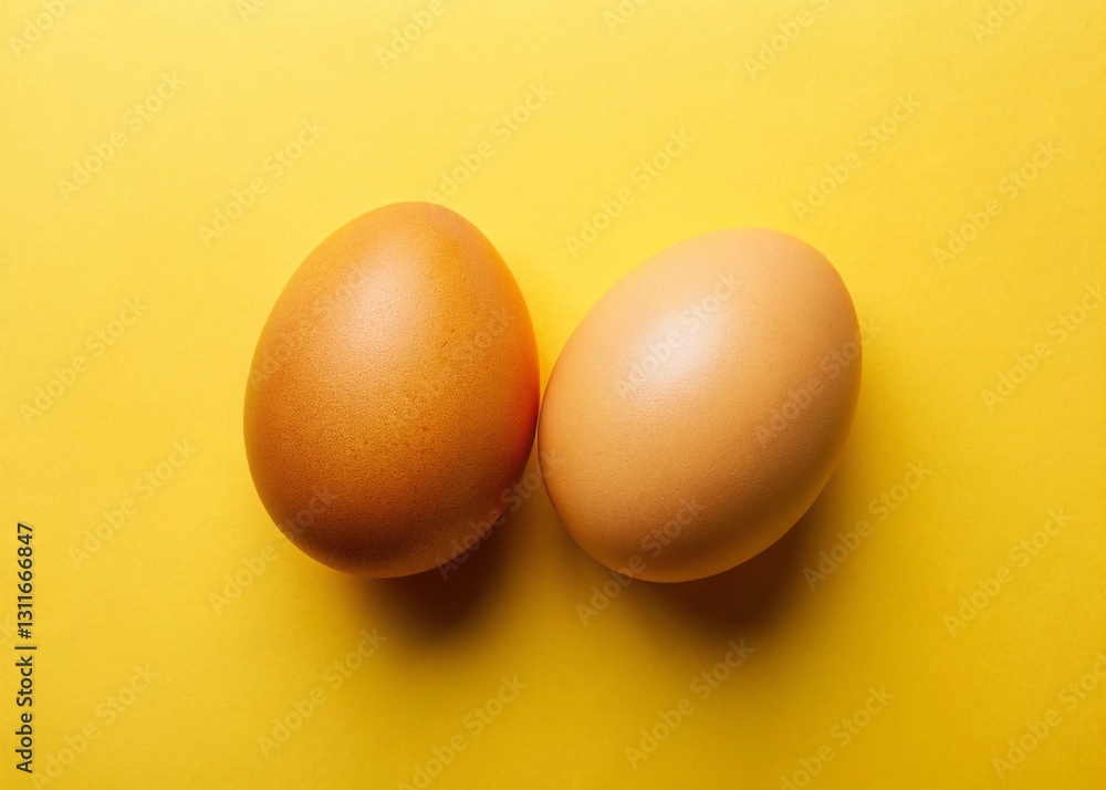 Two Chicken Eggs Isolated on Vibrant Yellow Background - High-Resolution Stock Photo