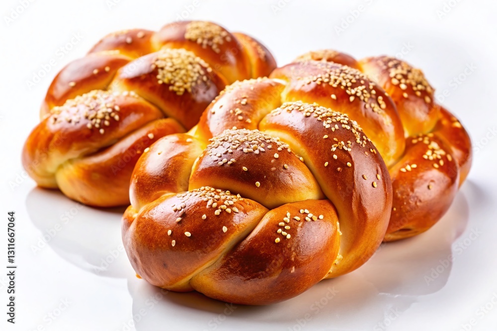 Two Golden Challah Loaves on White Background - Jewish Sabbath Bread Two Golden Challah Loaves on White Background - Jewish Sabbath Bread