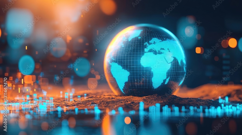 Fototapeta premium Climate Change drought concept. A digital representation of the globe with vibrant, glowing elements.
