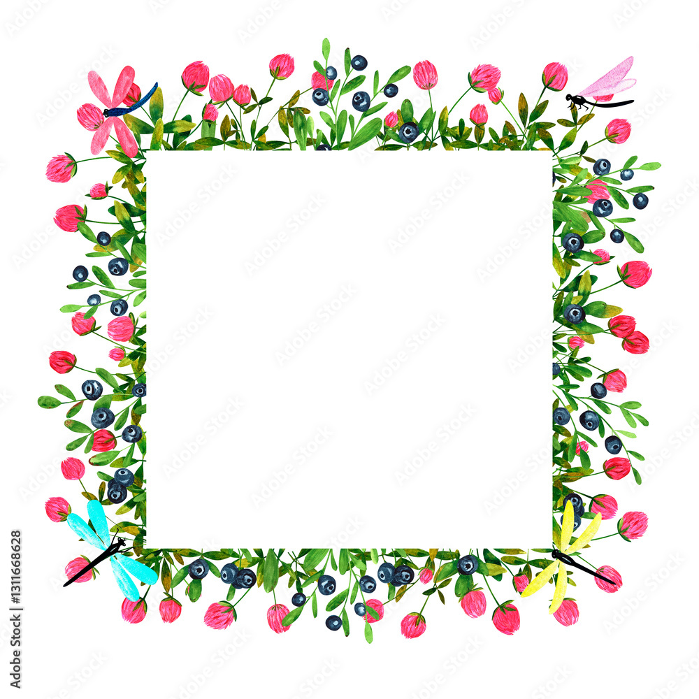 Fresh blueberries and clover flowers background. Set of frames of watercolor berries and clovers, dragonflies, butterflies, bumblebees and bees. Clip art, design element. Fresh blueberries and clover flowers background. Set of frames of watercolor berries and clovers, dragonflies, butterflies, bumblebees and bees. Clip art, design element.