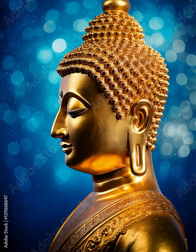 Gold statue of buddha, Head of the Lord Buddha on blue, Head of Buddha on blue wall art background