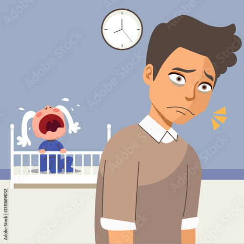Young tired father at night with baby crying on crib vector illustration. Unhappy new parent exhausted and stressed