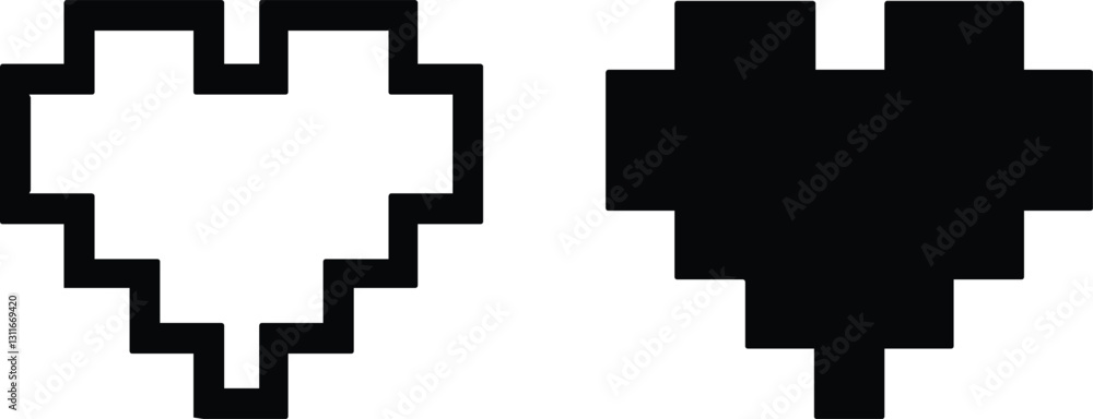 Pixel Heart Icon Set - 8-bit Black Heart for Retro Game Designs. Retro Pixel heart icon set in three different style vector illustration on white background. Pixel Heart Icon Set - 8-bit Black Heart for Retro Game Designs. Retro Pixel heart icon set in three different style vector illustration on white background.