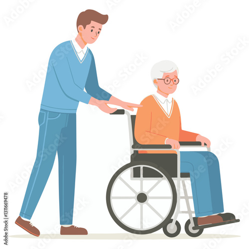 Supportive Caregiver Pushing Senior Man in Wheelchair Illustration