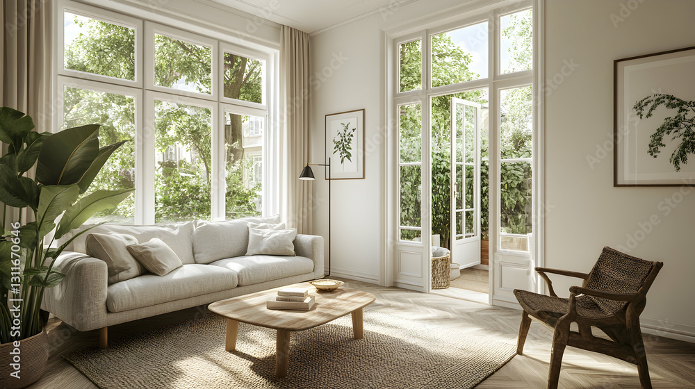 Fototapeta premium Cozy and Bright Living Room with Natural Light and Greenery
