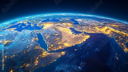 Close-up of a digital map of the Middle East with glowing network connections, symbolizing global communication, technology, and data connectivity in the region.