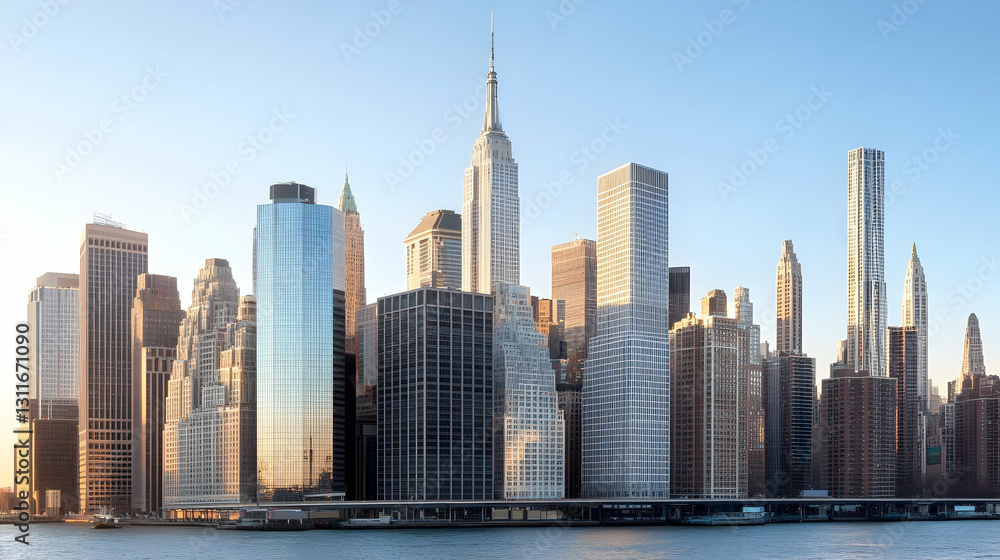 Vibrant City Skyline at Dusk with Iconic Building and Reflections