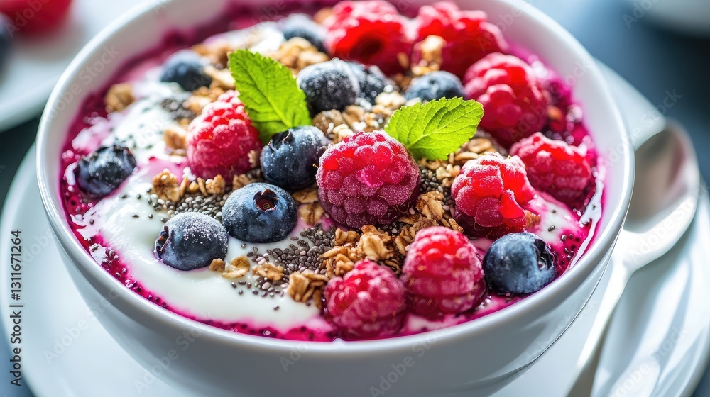 A bowl of fresh berry parfait layered with yogurt, granola, and chia seeds, placed on a simple white plate with ample space for promotional text.