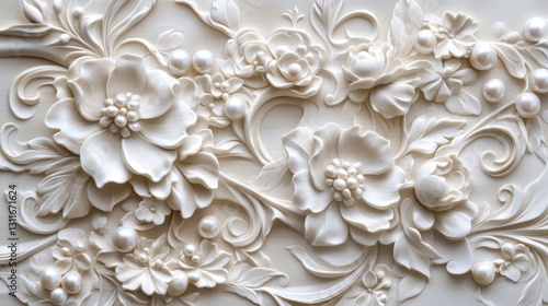 Elegant white floral 3D wall art; ornate design, pearl accents; textured background; home decor