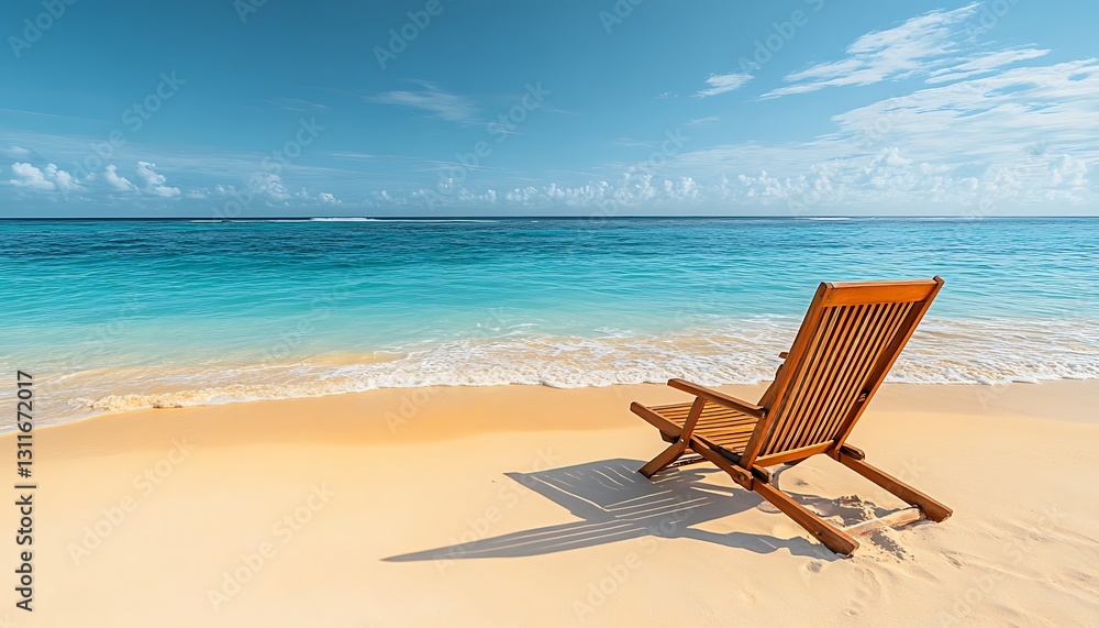 Relaxing Wooden Chair on Sandy Beach with Turquoise Ocean Relaxing Wooden Chair on Sandy Beach with Turquoise Ocean