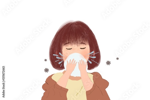 Illustration of a girl, coughing due to in fection by virus bacteria  or germs