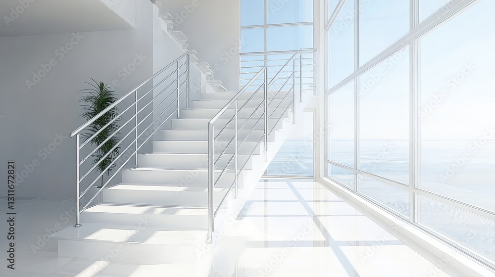 Fototapeta premium A clean, open indoor staircase with simple white steps, metal railings, and large windows allowing sunlight to flood the space, perfect for creative designs.