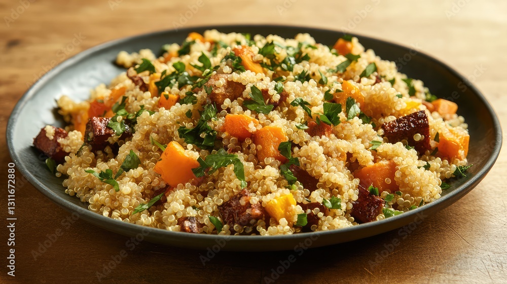 A clean plate of quinoa and roasted vegetables, artfully arranged with a sprinkle of fresh herbs, leaving space for clean eating or lifestyle messaging. A clean plate of quinoa and roasted vegetables, artfully arranged with a sprinkle of fresh herbs, leaving space for clean eating or lifestyle messaging.