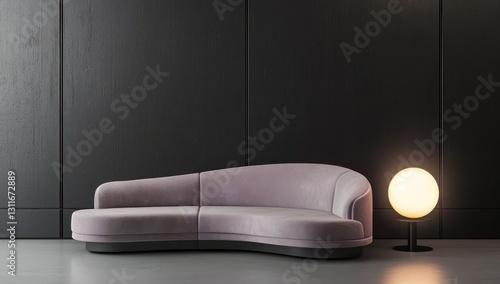 Pale lilac suede sofa against dark gray wall, glowing spherical lamp.