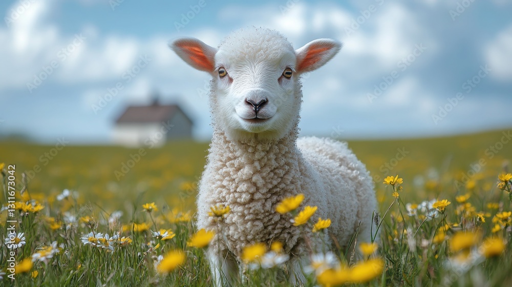 Adorable Lamb in Spring Meadow Fluffy White Sheep in Yellow Flowers Adorable Lamb in Spring Meadow Fluffy White Sheep in Yellow Flowers