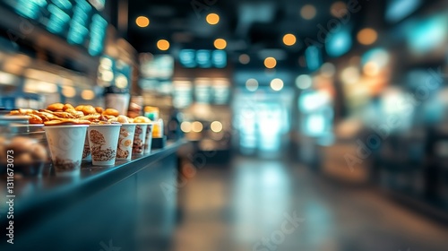 Wallpaper Mural Blurred modern café interior with a glass door and a counter filled with fresh food, illuminated by warm sunlight, creating a cozy and inviting atmosphere with a bokeh effect. Torontodigital.ca
