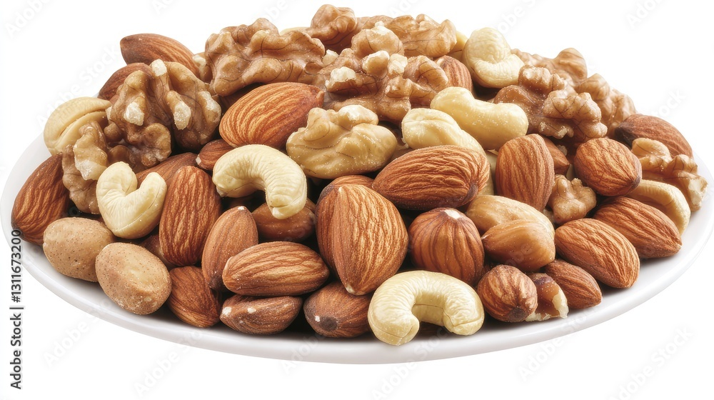 A clean white plate filled with mixed nuts including cashews, almonds, and walnuts, with room for branding or health-related messaging. A clean white plate filled with mixed nuts including cashews, almonds, and walnuts, with room for branding or health-related messaging.