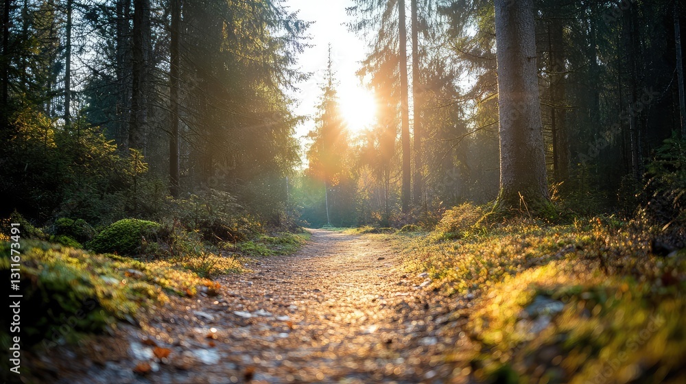 Obraz premium A clear path through a forest with sunlight shining down, symbolizing the journey toward positivity and personal growth.