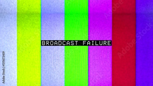 Analog TV broadcast failure screen. No signal TV test pattern background. Rainbow stripes on the TV screen