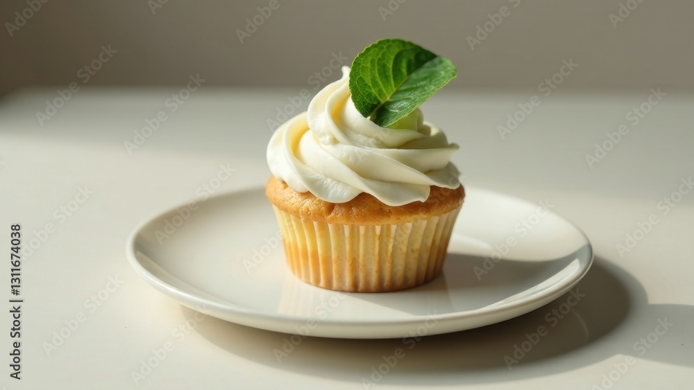 A single, delicately frosted cupcake adorned with a fresh green leaf, rests elegantly on a pristine white plate, bathed in soft, natural light. A single, delicately frosted cupcake adorned with a fresh green leaf, rests elegantly on a pristine white plate, bathed in soft, natural light.