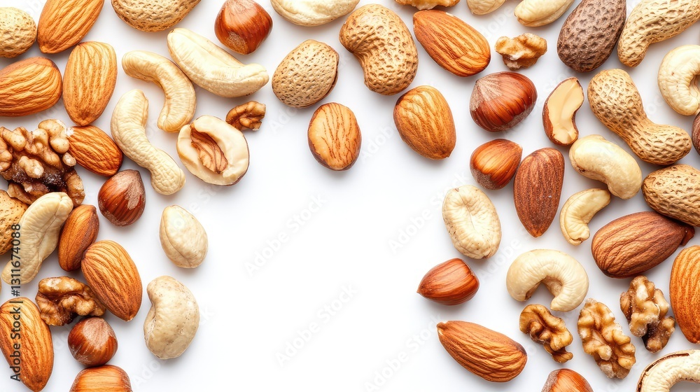 A close-up of a variety of nuts like almonds, cashews, and walnuts scattered across a white background, offering space for plant-based protein messages. A close-up of a variety of nuts like almonds, cashews, and walnuts scattered across a white background, offering space for plant-based protein messages.