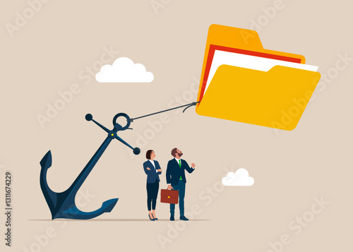 Folder trying hard to fly away with anchor. Organize document files into archive folders. Flat vector illustration. 