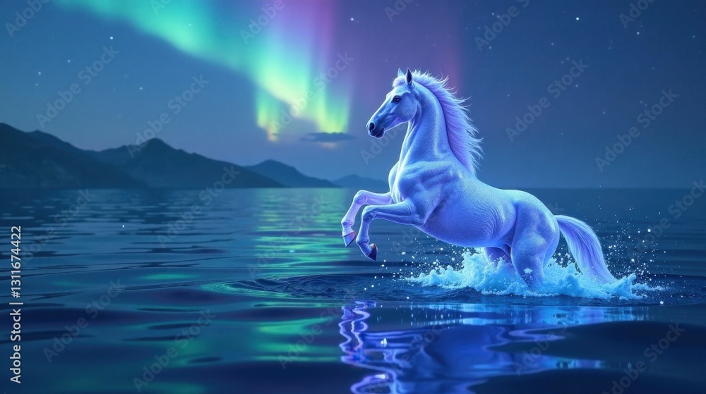 Fototapeta premium Magical White Stallion Leaps Across Serene Waters Underneath a Breathtaking Aurora Borealis Display