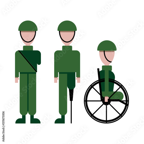 Disabled military man without an arm, leg, with a crutch, prosthesis, in a wheelchair, amputated limbs