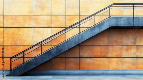 A contemporary indoor staircase with sleek, light-colored wood and a bold black railing, leaving space for your branding or messaging. photo