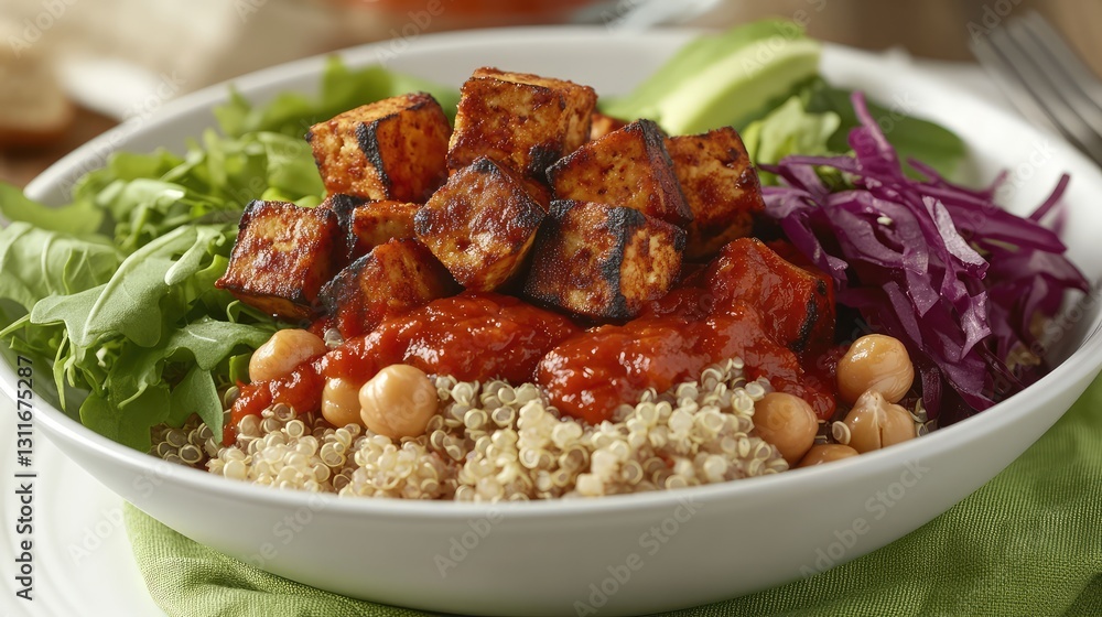 A delicious quinoa bowl topped with tofu, chickpeas, and fresh greens, placed on a clean white plate with ample space for messaging. A delicious quinoa bowl topped with tofu, chickpeas, and fresh greens, placed on a clean white plate with ample space for messaging.