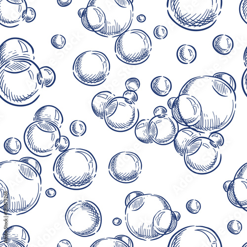 Water bubbles seamless pattern. Vector hand drawn sketch illustration. Soap foam background. Textile print design