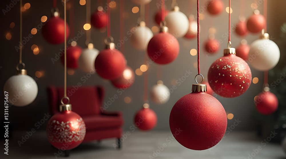 Festive Red and White Christmas Ornaments Hanging Bokeh Lights Holiday Decor Festive Red and White Christmas Ornaments Hanging Bokeh Lights Holiday Decor
