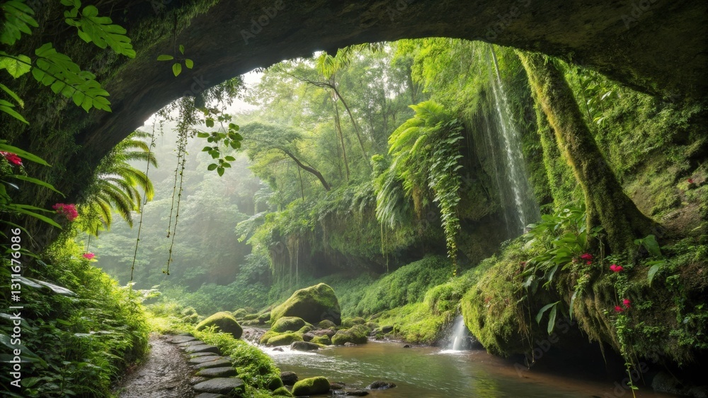 Fototapeta premium A lush, green natural arch hidden deep within a tropical rainforest.