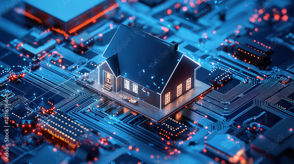 digital house model on circuit board, symbolizing real estate investment and technology digital house model on circuit board, symbolizing real estate investment and technology