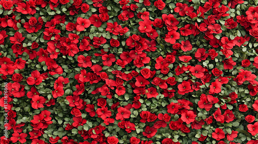 Vibrant Red Flowers with Green Leaves in a Floral Wall Display Vibrant Red Flowers with Green Leaves in a Floral Wall Display